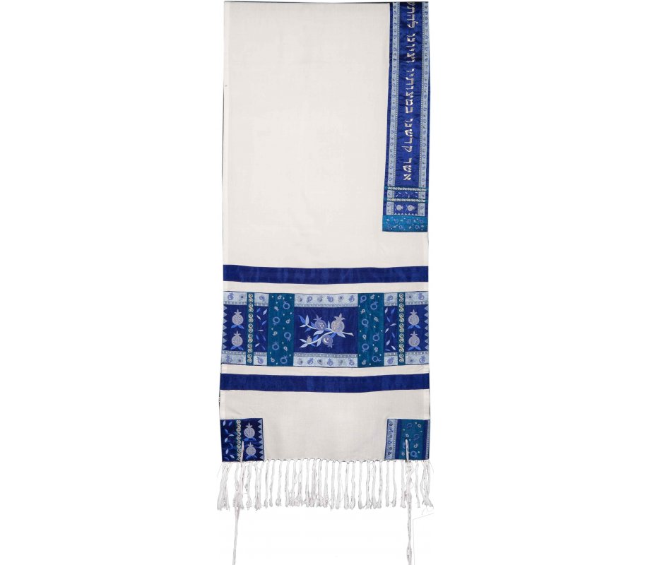 Fabric and Embroidered Silk Tallit Set Pomegranate Design, Blue - Yair Emanuel
