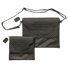 Faux Leather Prayer Shawl & Tefillin Bag with Shoulder Strap, Blessing Words – Black