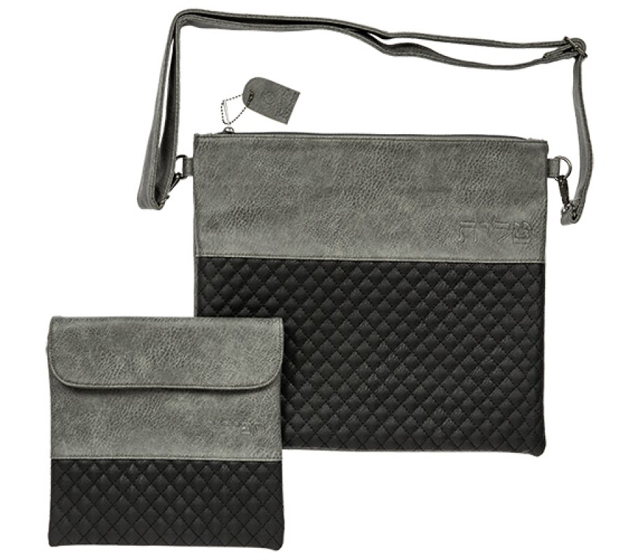 Faux Leather Tallit & Tefillin Bags, Dark and Light Gray - Shoulder Strap