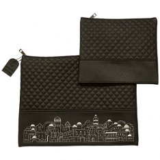 Faux Leather Tallit and Tefillin Bag Set - Black with Silver Jerusalem Images