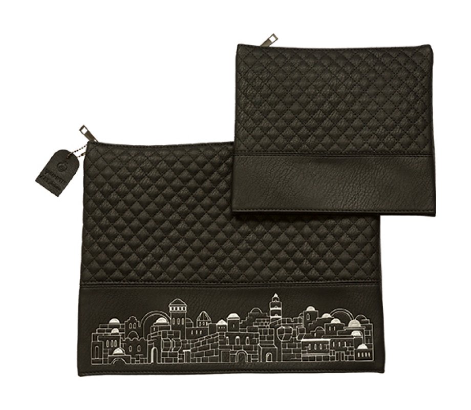 Faux Leather Tallit and Tefillin Bag Set - Black with Silver Jerusalem Images