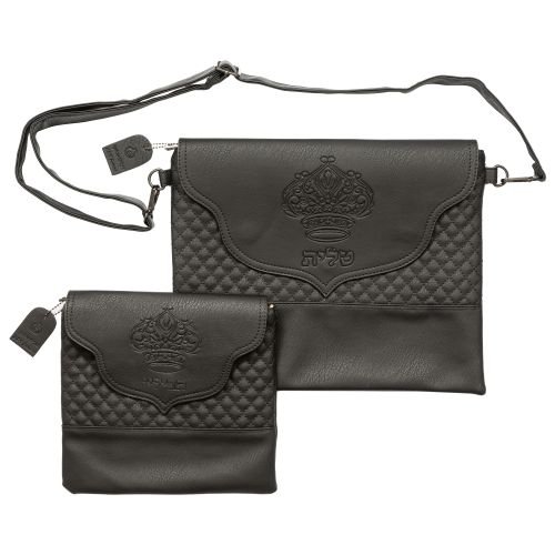 Faux Leather Tefillin & Prayer Shawl Bag with Embossed Crown, Shoulder Strap  Black