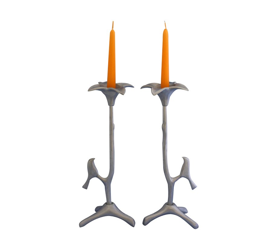 Flower Shaped Candle Holders atop Slender Branch and Bird by Shraga Landesman