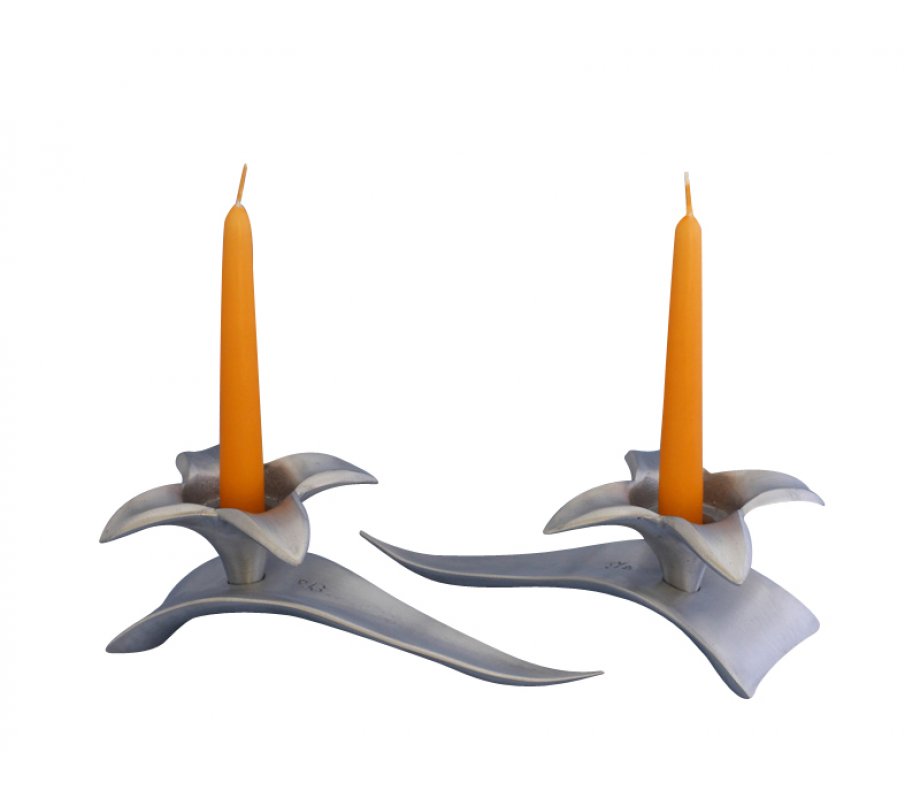 Flower Shaped Candle Holders on Leaf Base - Silver by Shraga Landesman