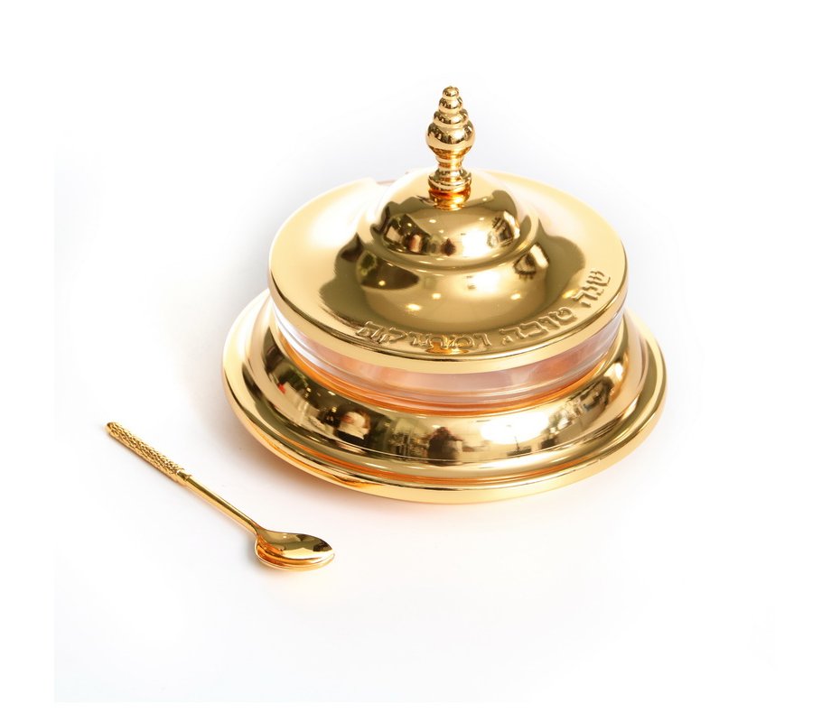 For Rosh Hashanah, Glass and Gold Metal Honey Dish with Bell Lid and Spoon - Large