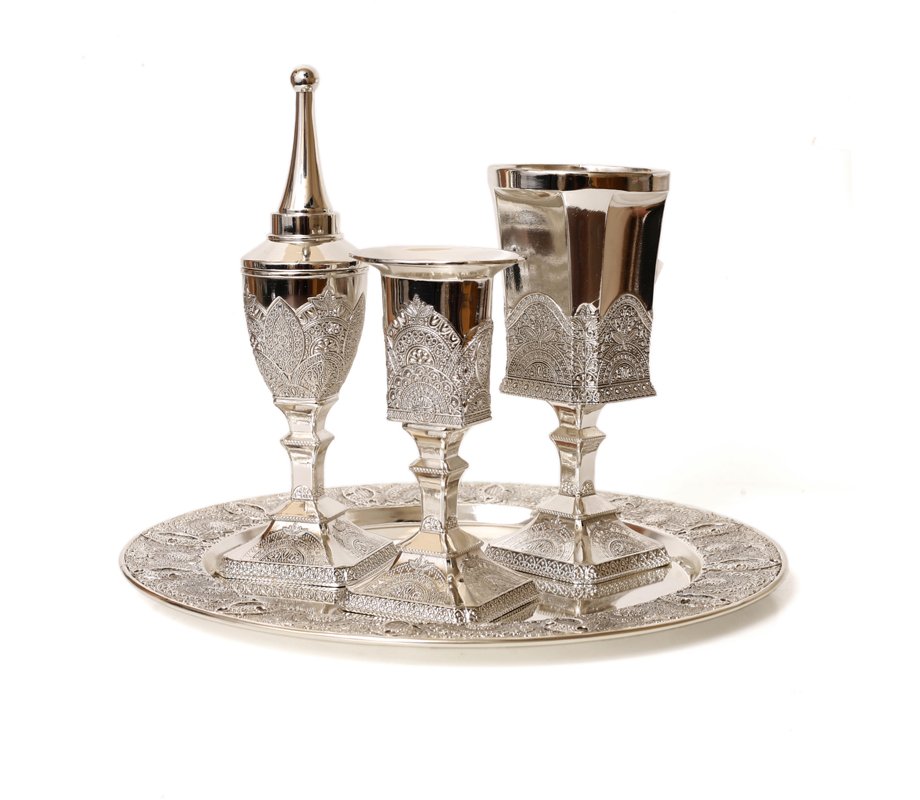 Four Piece Havdalah Set with Filigree Design - Silver Plated