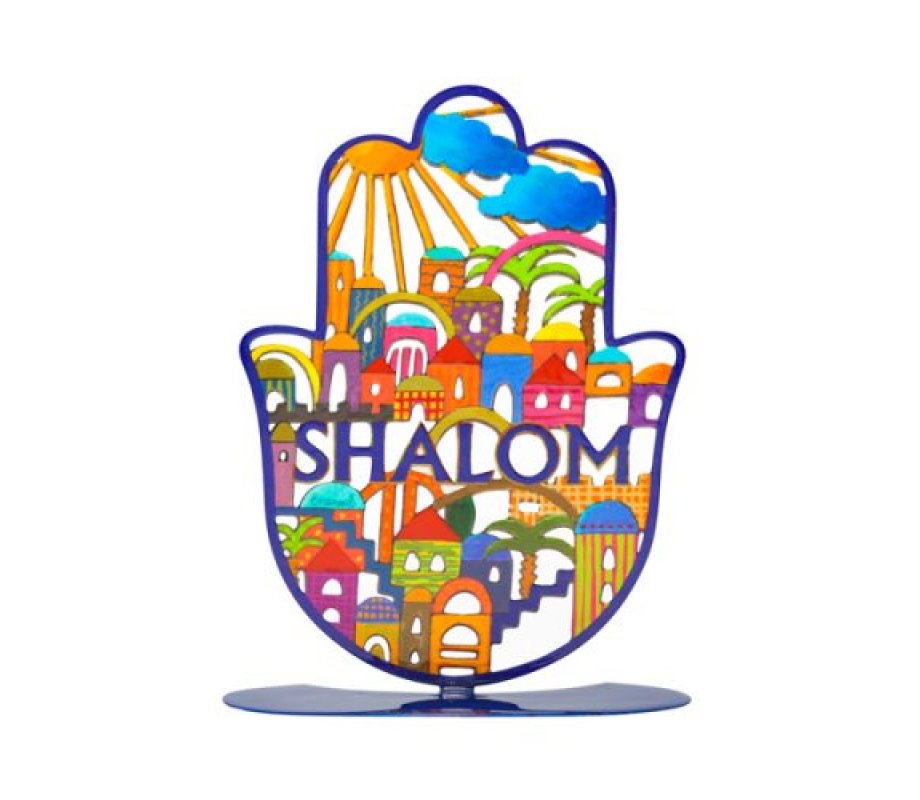 Free Standing Hamsa with Colorful Jerusalem Images and Shalom – Yair Emanuel
