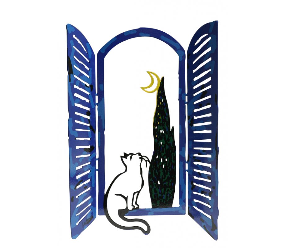 Free Standing Open Window Sculpture - Cat Moon and Tree by David Gerstein