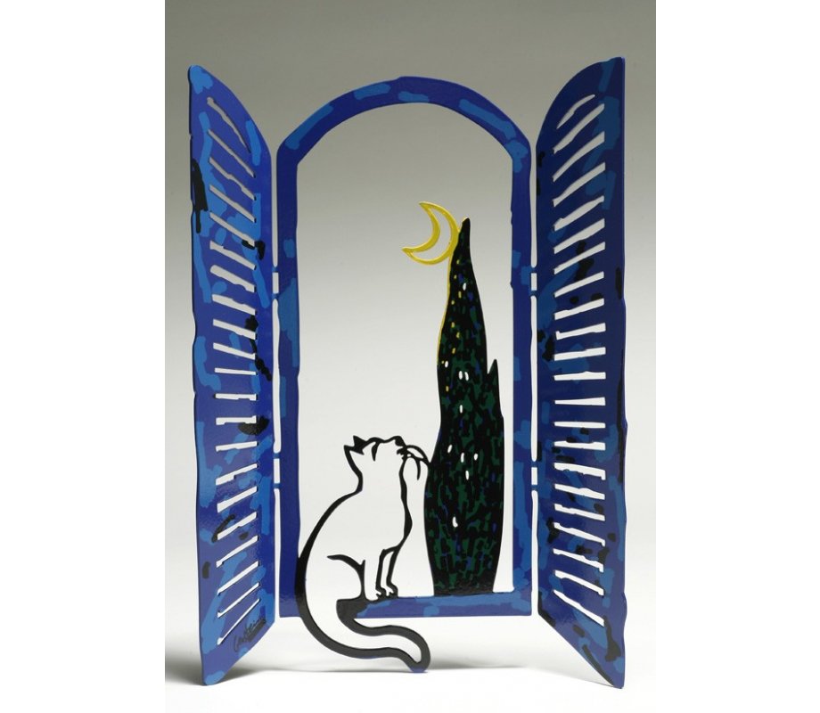 Free Standing Open Window Sculpture - Cat Moon and Tree by David Gerstein