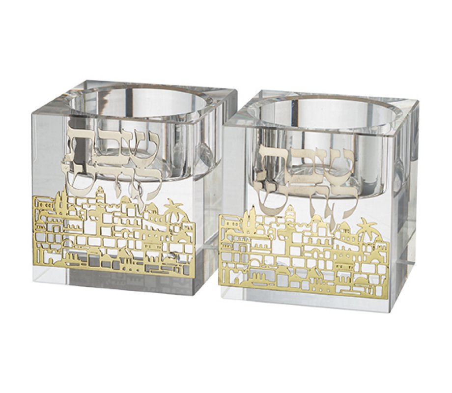 Glass Candlesticks - Gold Color Metal Jerusalem Overlay Design