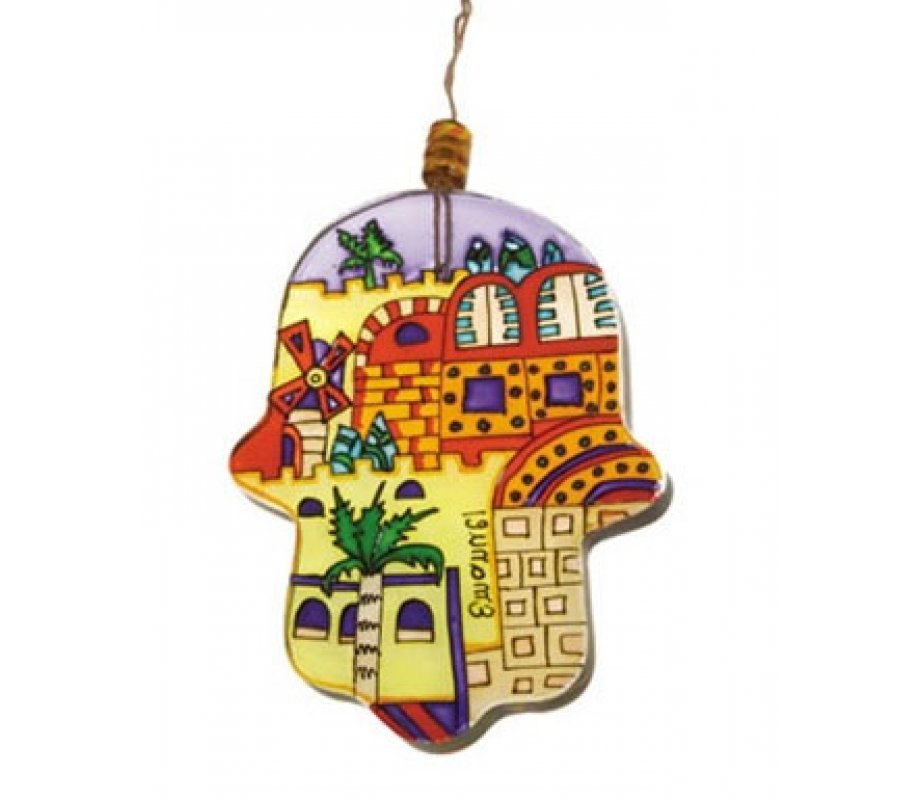 Glass Hamsa Wall Decoration, Hand Painted Contemporary Jerusalem - Yair Emanuel