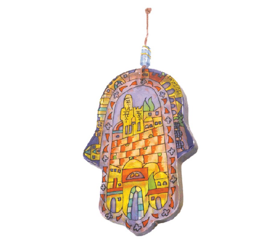 Glass Hamsa Wall Decoration, Hand Painted Jerusalem Images – Yair Emanuel