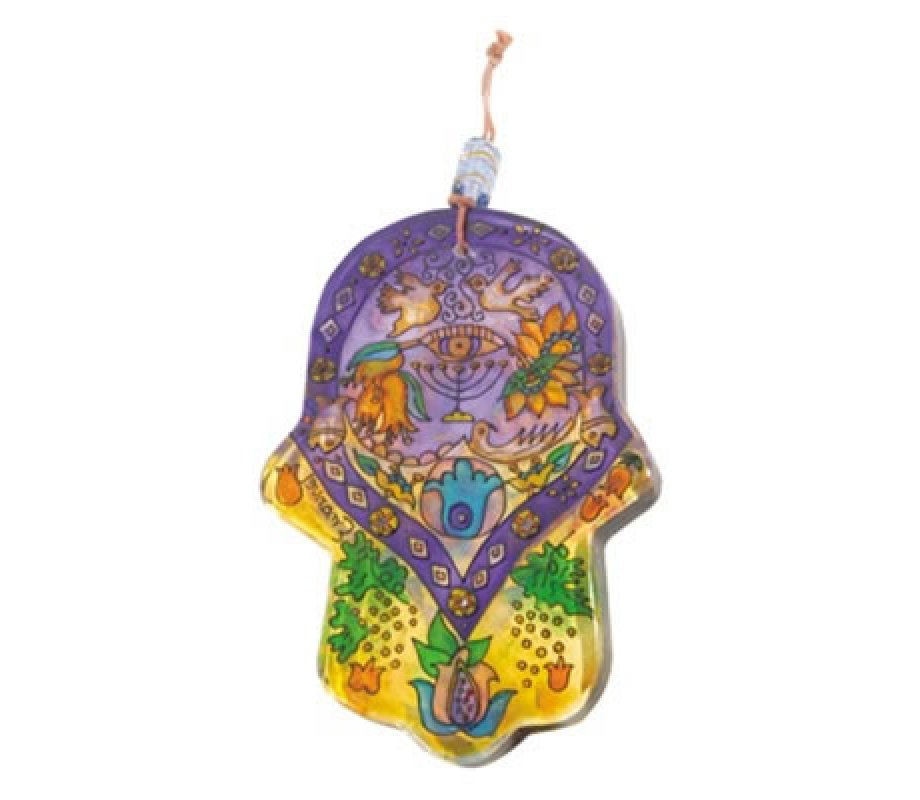 Glass Hamsa Wall Decoration, Hand Painted Menorah and Birds - Yair Emanuel