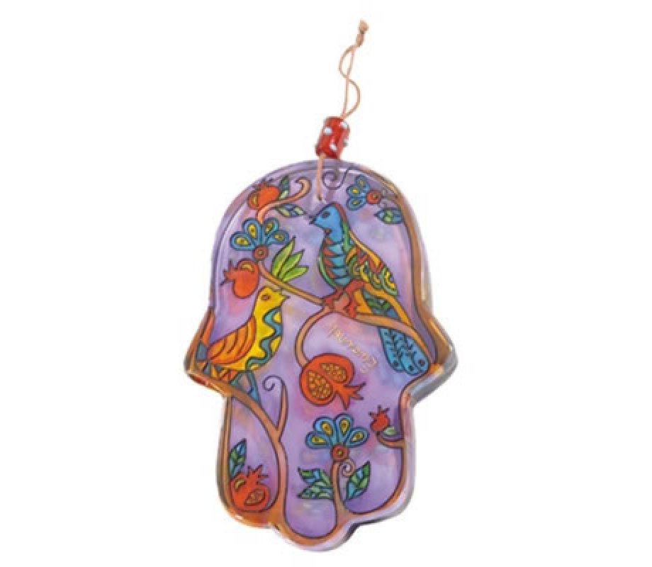Glass Hamsa Wall Decoration, Hand Painted Pomegranates and Birds - Yair Emanuel