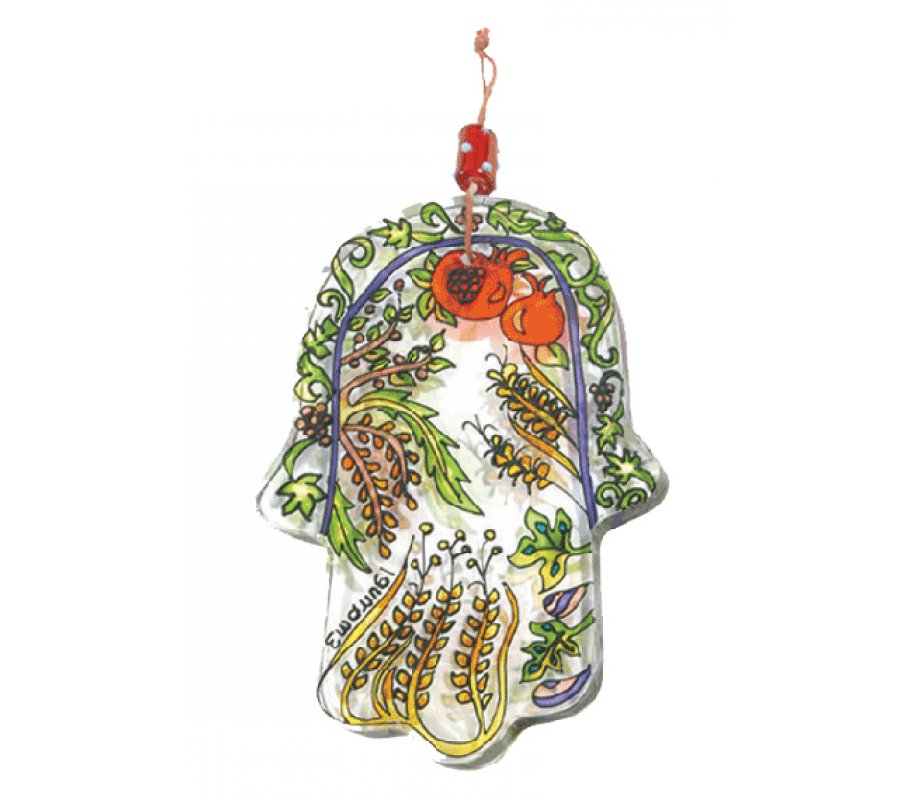 Glass Hamsa Wall Decoration, Hand Painted Seven Species - Yair Emanuel