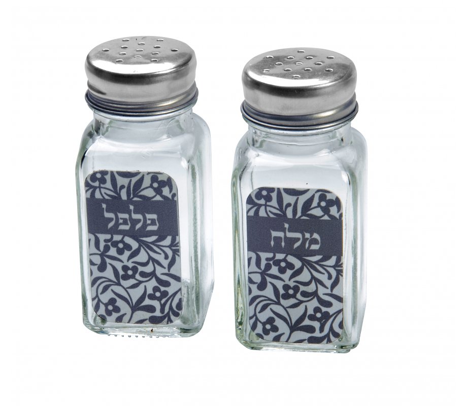 Glass Salt and Pepper Shaker Set Hebrew, Gray Floral Design - Dorit Judaica