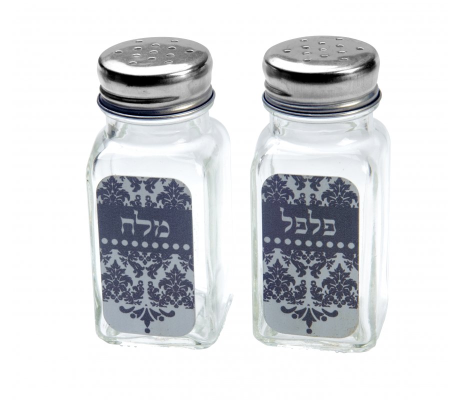 Glass Salt and Pepper Shaker Set Hebrew, Oriental Gray Print - Dorit Judaica