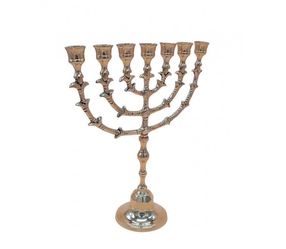 Gleaming Gold Brass, Seven Branch Decorative Menorah - 12.5