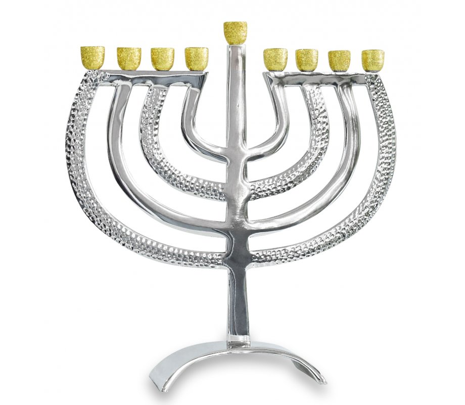 Glittering Gold Cups on Silver Hanukkah Menorah with Hammered Branches - 12.5 Inches