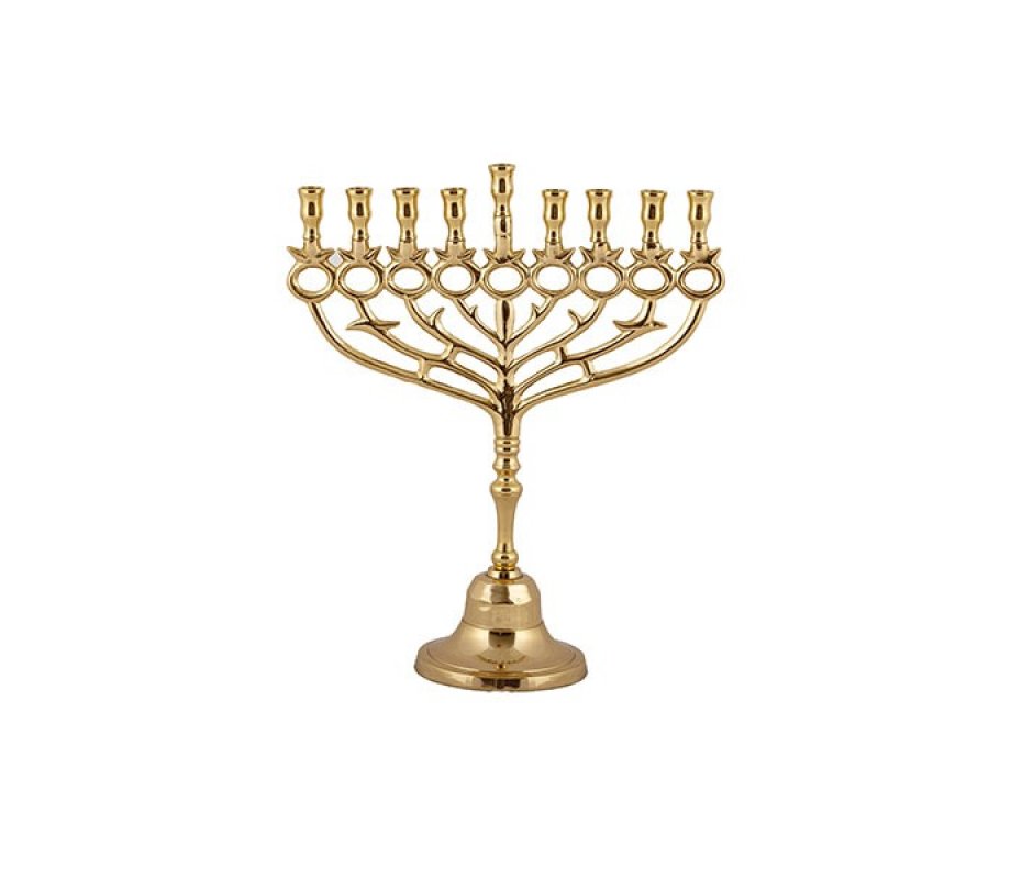 Gold Brass Hanukkah Menorah with Pomegranate Theme, 10