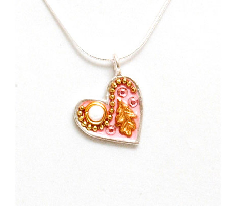 Gold Color Flower Silver Heart Necklace in Pink