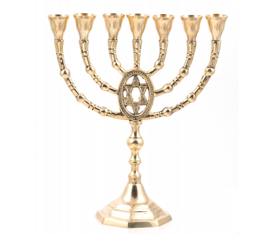 Gold Colored Brass Seven Branch Menorah, Framed Star of David – 10