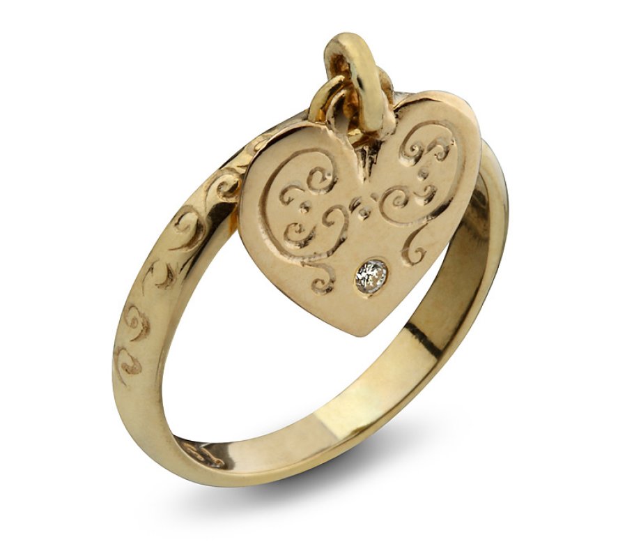 Gold Kabbalah Ring, Hanging Heart with Diamond, for Love and Matchmaking – HaAri