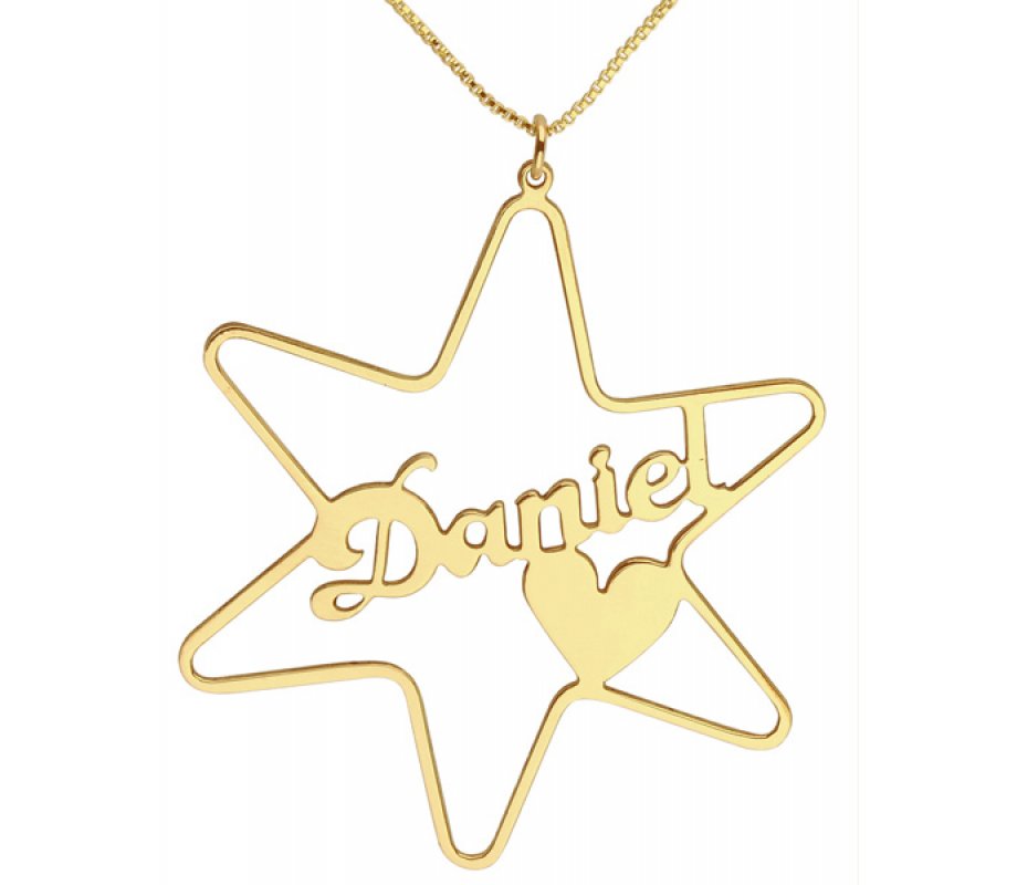 Gold Plated Star Cursive English Name Necklace with Heart