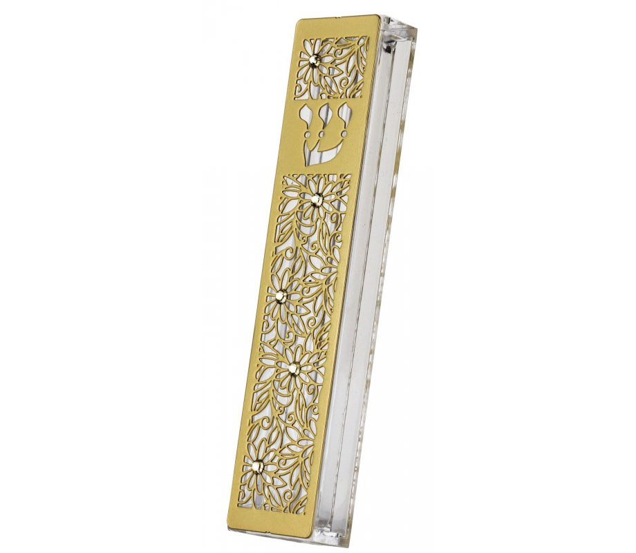 Gold Stainless Steel Acrylic Mezuzah Case with Crystals, Flowers - Dorit Judaica