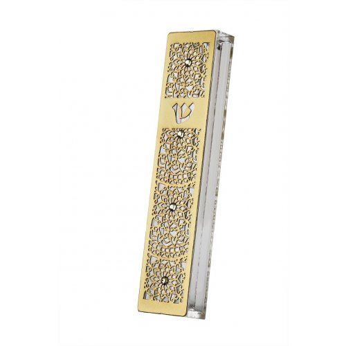 Gold Stainless Steel Acrylic Mezuzah Case with Crystals, Mandala - Dorit Judaica