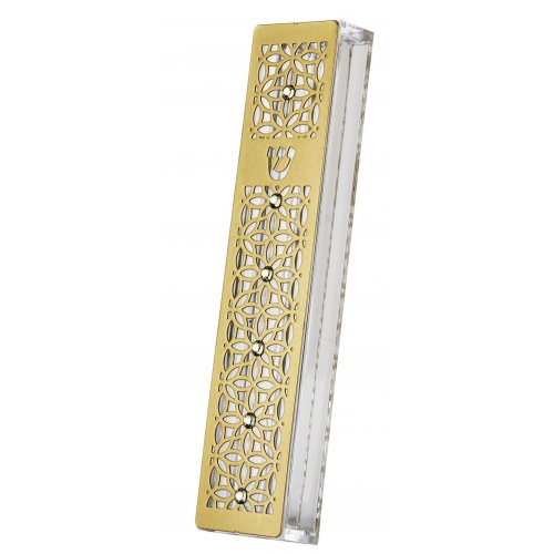 Gold Stainless Steel Acrylic Mezuzah Case with Crystals, Petal Design - Dorit Judaica