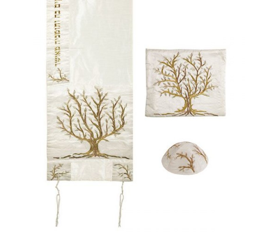 Gold and Silver PolySilk Tallit Set Embroidered Tree of Life - Yair Emanuel