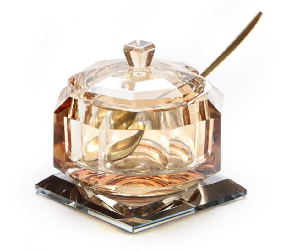 Golden crystal Rosh Hashanah honey jar with lid and spoon - Small