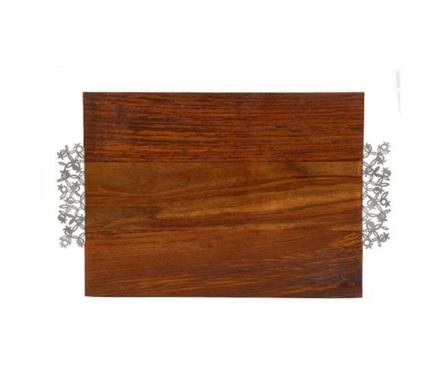 Grained Dark Wood Challah Board with Laser Cut Handles, Pomegranates - Yair Emanuel