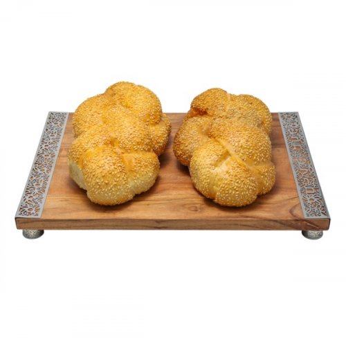 Grained Wood Challah Board with Decorative Metal Cutout Border - Yair Emanuel