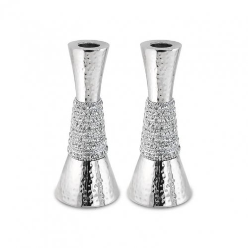 Hammered Aluminum Cone Shaped Shabbat Candlesticks  Silver Crystals Decorative Band