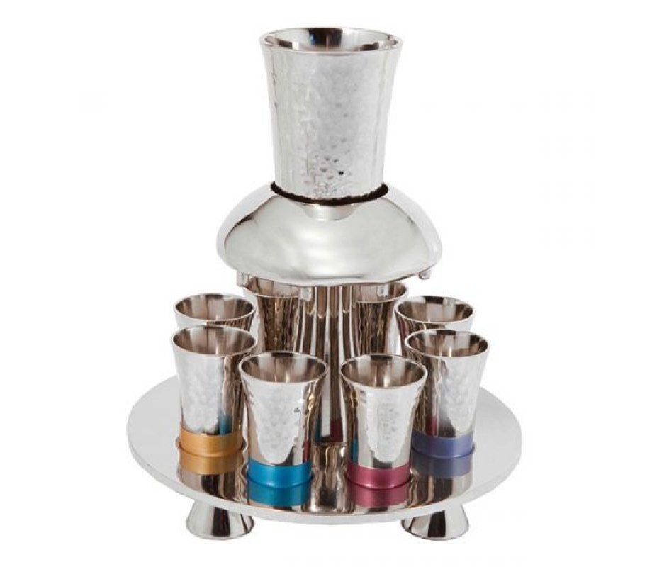 Hammered Aluminum Kiddush Fountain Set Eight Cups, Multicolored Bands - Yair Emanuel