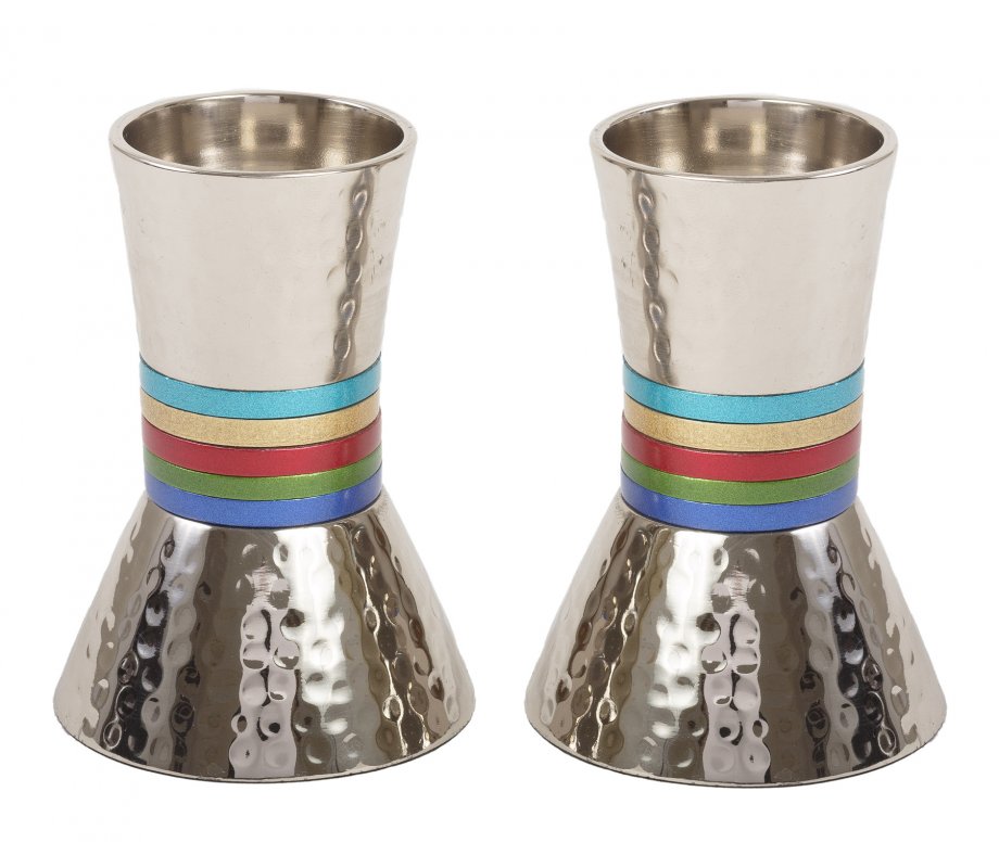 Hammered Nickel Cone Candlesticks with Colored Stripes, Small - Yair Emanuel