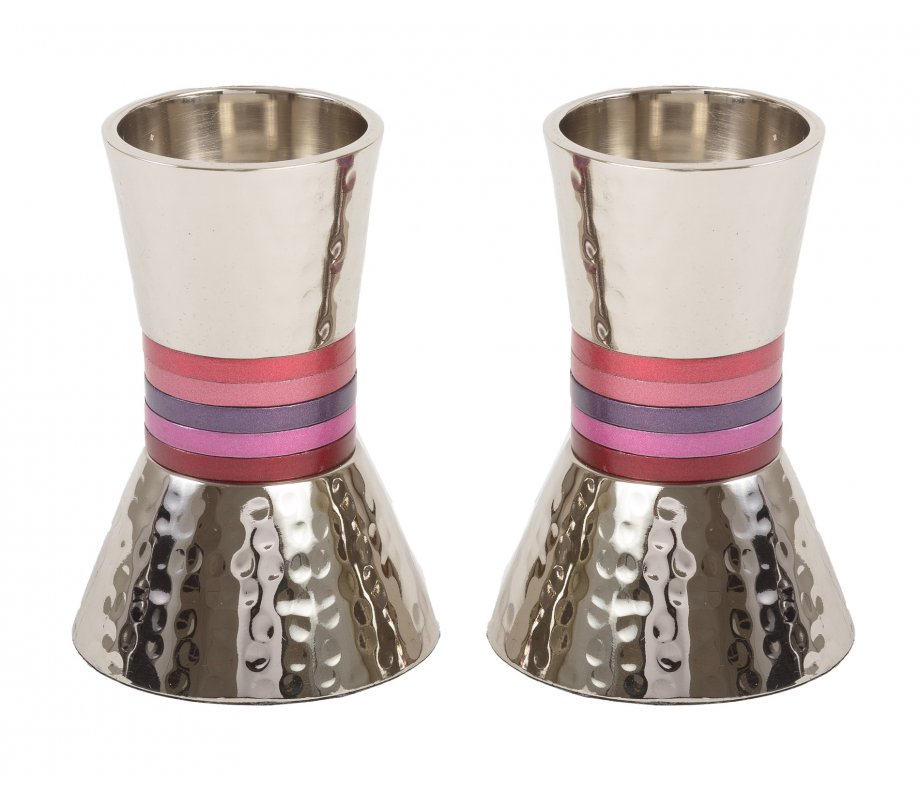 Hammered Nickel Cone Candlesticks with Colored Stripes, Small - Yair Emanuel