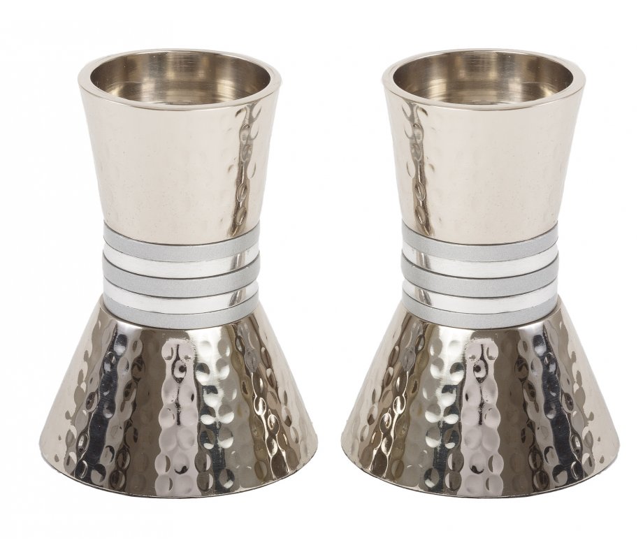 Hammered Nickel Cone Candlesticks with Colored Stripes, Small - Yair Emanuel