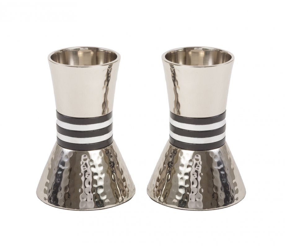 Hammered Nickel Cone Candlesticks with Colored Stripes, Small - Yair Emanuel
