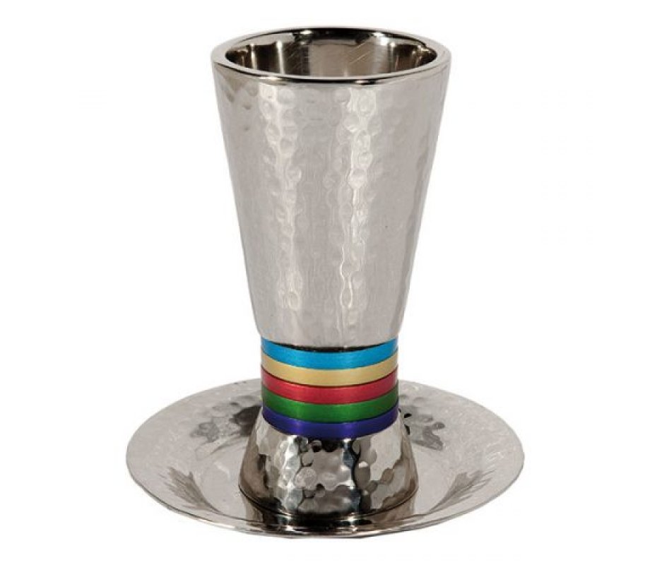 Hammered Nickel Cone Kiddush Cup Set, Colored Rings - Yair Emanuel