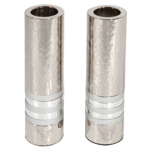 Hammered Nickel Cylinder Candlesticks with Silver Rings - Yair Emanuel