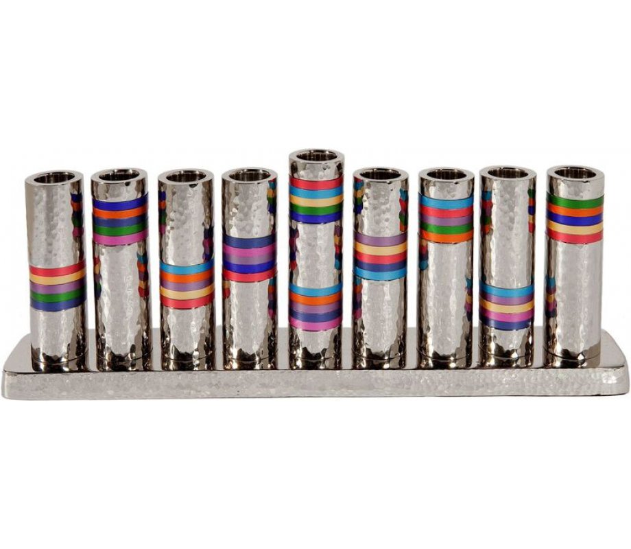 Hammered Nickel Hanukkah Menorah, Decorative Tube Candle Holders - Yair Emanuel