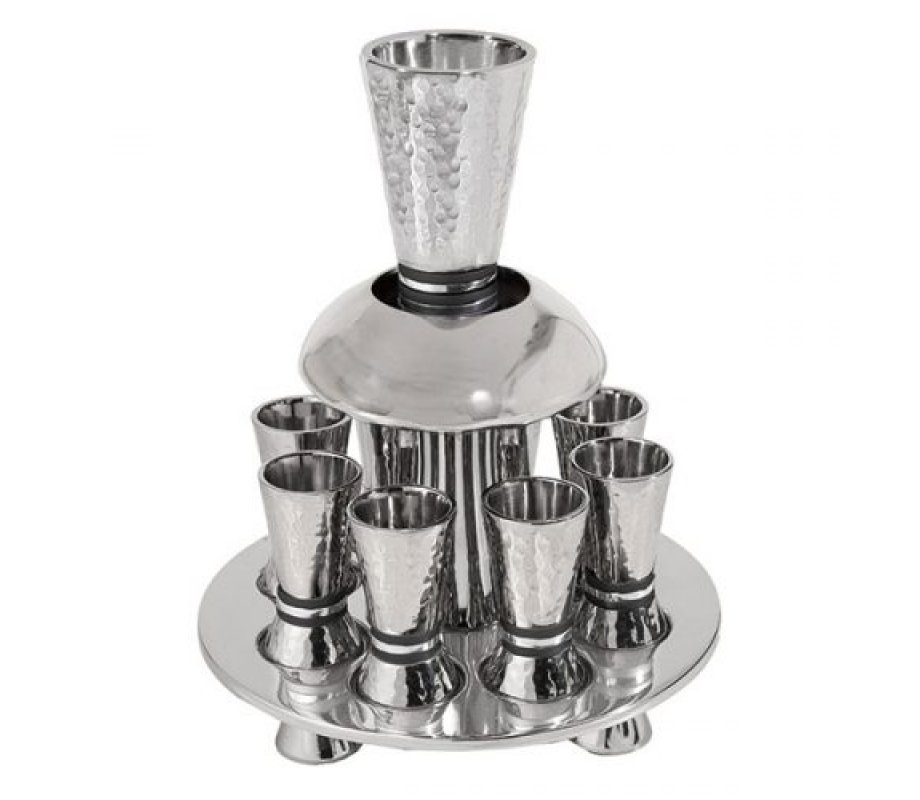 Hammered Nickel Kiddush Fountain Set, 8 Cups, Silver and Gray Rings - Yair Emanuel