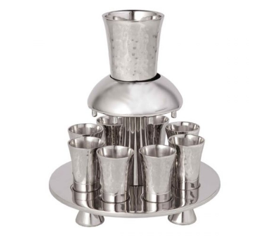 Hammered Nickel Kiddush Fountain Set with Eight Cups, Silver Bands - Yair Emanuel