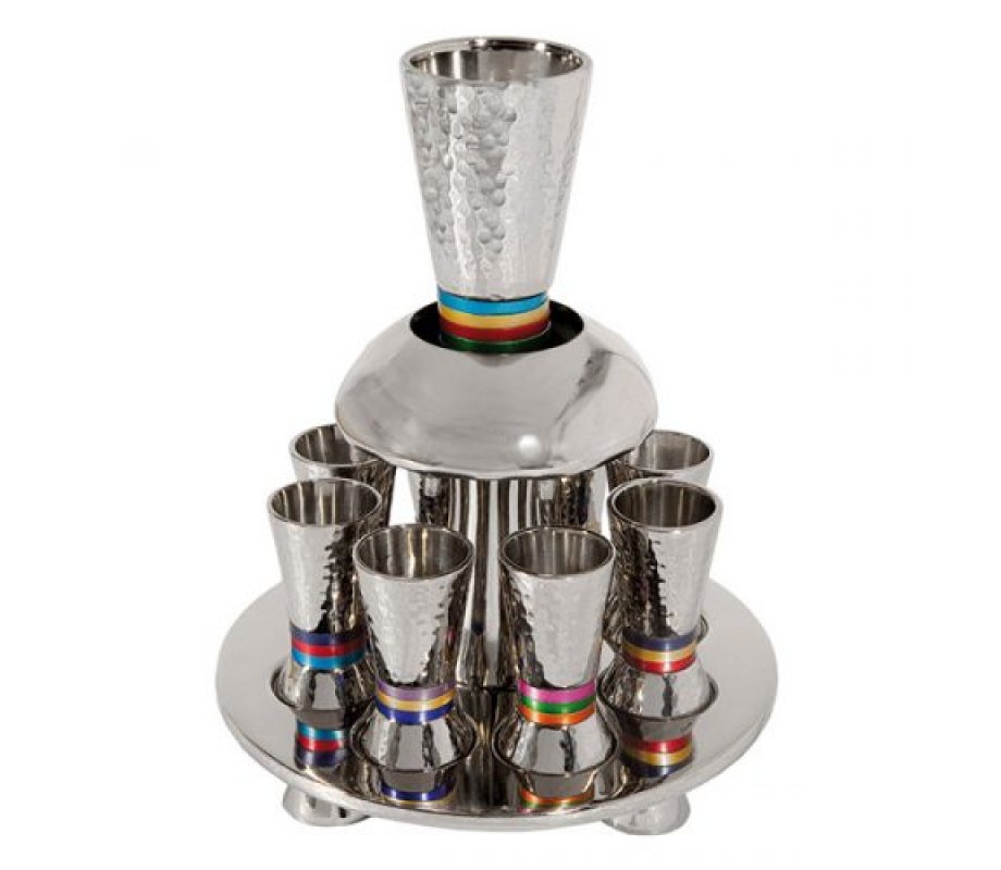 Hammered Nickel Kiddush Fountain on Tray with Eight Cups, Multicolored - Yair Emanuel