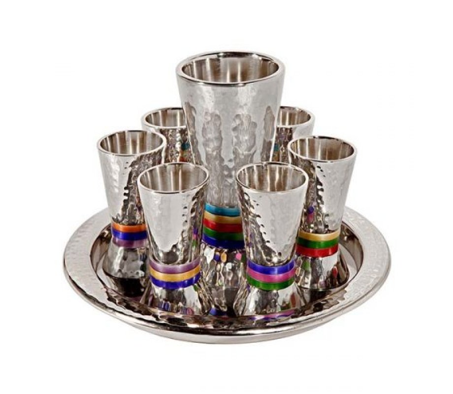 Hammered Nickel Kiddush Goblet and Six Cups with Tray, Multicolor - Yair Emanuel