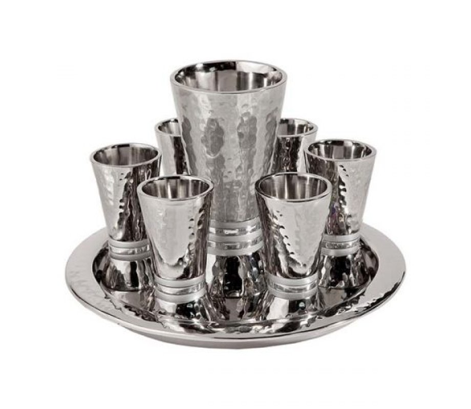 Hammered Nickel Kiddush Goblet and Six Cups with Tray, Silver - Yair Emanuel