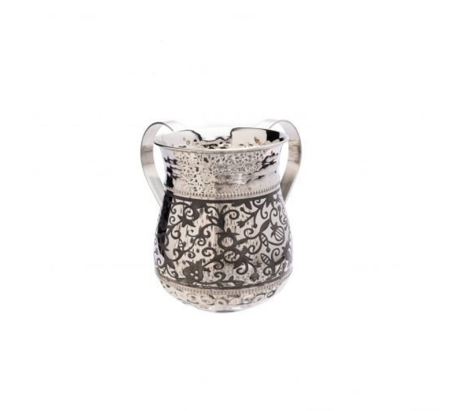 Hammered Stainless Steel Netilat Yadayim Wash Cup, Pomegranates - Yair Emanuel